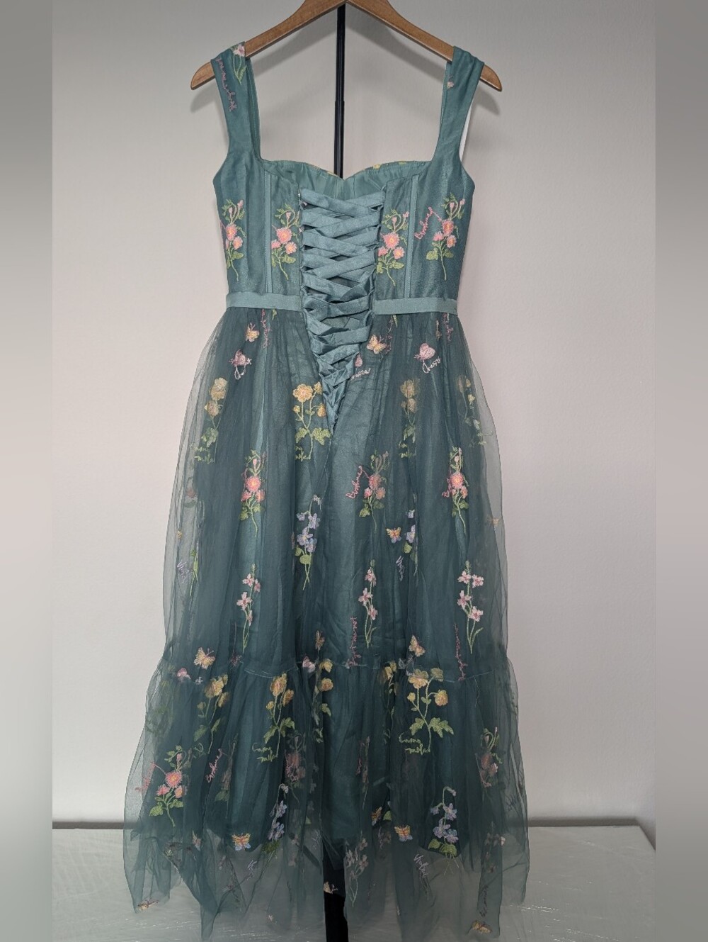 Embroidered Teal Floral Maxi Dress - Picture 2 of 3